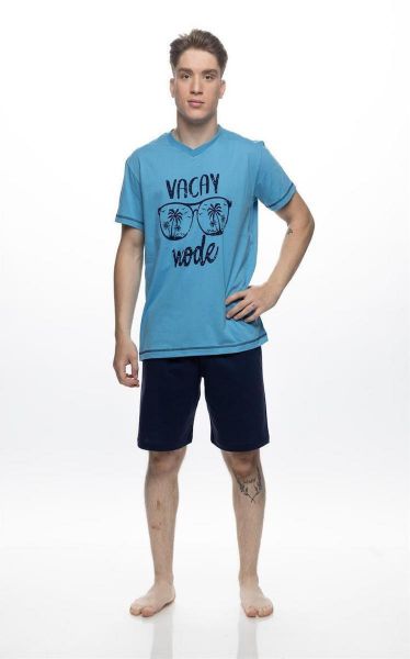 Εικόνα της Plus Size Galaxy Καλοκαιρινή Ανδρική Πιτζάμα Βαμβακερή Γαλάζια