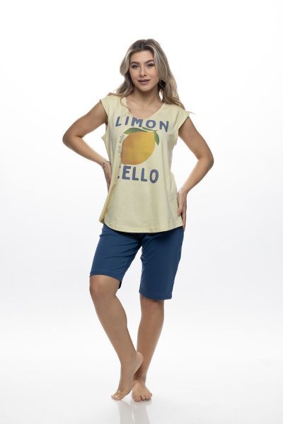 Εικόνα της Galaxy Βαμβακερή Γυναικεία Πιτζάμα Λεμονί/Μπλε.