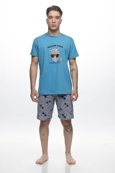 Εικόνα της Galaxy Βαμβακερή Ανδρική Πιτζάμα Άκουα/Γκρι.